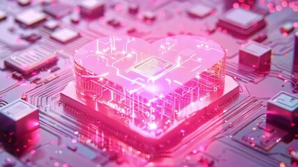 Poster - a computer chip in the shape of a heart, on a pink circuit board background, the core unit sits on a