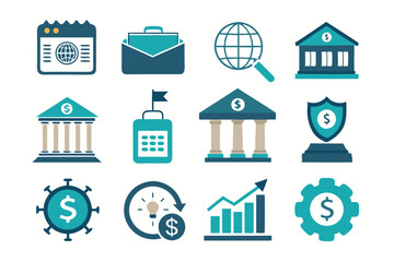 Set icon banking white background isolated