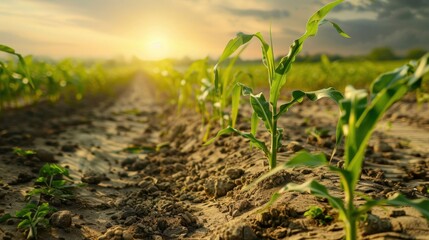 Wall Mural - A field of corn is shown with the sun shining on it