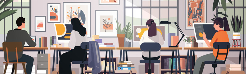 Poster - coworking space modern office people working collaborative environment desks computers plants booksh