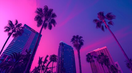 Poster - Palm Trees and Skyscrapers at Sunset