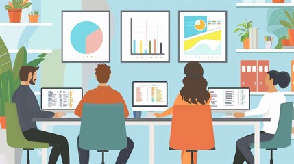 Wall Mural - Supplier performance review meeting, team analyzing data charts, collaborative decision-making, office atmosphere. flat vector illustration