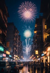 diwali fireworks are seen in the sky above a street with buildings and crowds at night