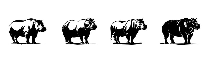 Wall Mural - black hippo silhouette cutout. set of hippopotamus animal silhouette on transparent background