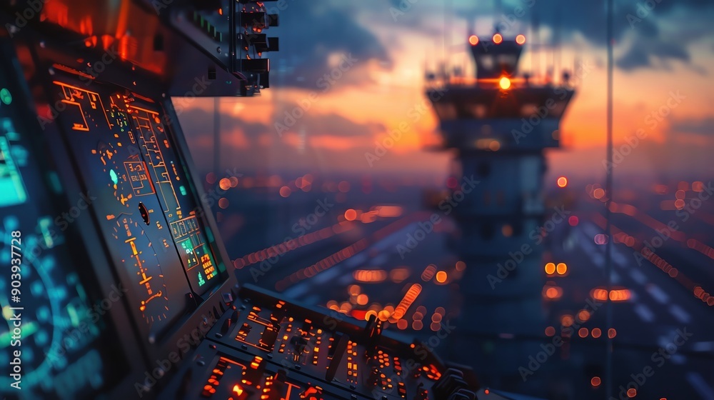 Air traffic control tower with radar screens and clear areas for text ...