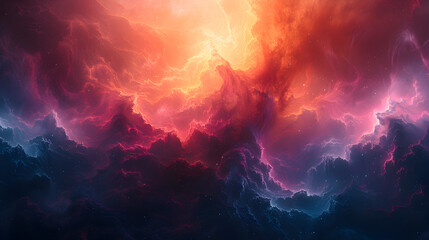 Wall Mural - Abstract representation of a nebula with a mix of bold and soft colors, including bright pinks and deep blues, with smoky textures creating a sense of depth 