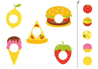 Canvas Print - Cut and glue parts of cartoon burger, lemon, pizza slice, ice cream and strawberry.