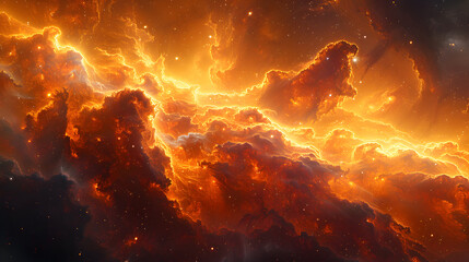 Wall Mural - Abstract depiction of a nebula with luminous clouds of gas and dust in vivid oranges and reds, creating a sense of depth and movement in the cosmic expanse 