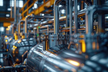 Aufkleber - industrial pipes and tanks reflecting light in a factory