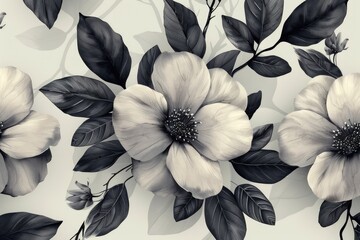Poster - Black and white floral seamless pattern with large flowers blooming