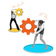 © master1305 - Two women connecting gears, symbolizing teamwork, collaborative efforts and solution building. Contemporary art collage. Concept of business, problem solving, brainstorming, optimization