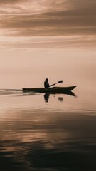 Poster - A person in a canoe on the water at sunset, AI