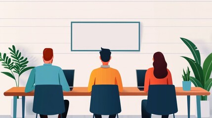 Poster - of a modern office setting with a team of coworkers collaborating on a project brainstorming ideas and discussing strategy on a whiteboard  The workspace features a desk computers