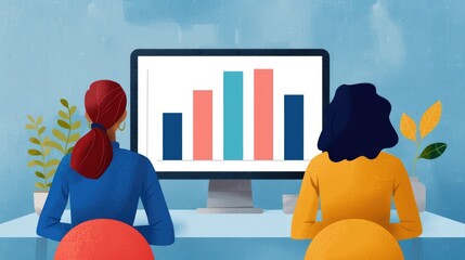 Poster - Pastel toned office scene with team members collaborating on data analysis and SEO strategy planning  Digital graph and chart displayed on computer screen