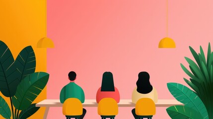 Poster - Vibrant depicting a collaborative SEO workshop or meeting taking place in a modern pastel colored office environment  The scene showcases a variety of office furniture devices