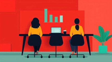Poster - Flat design depicting a team of professionals collaborating on SEO strategy and data analysis in a modern office environment
