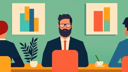Poster - Flat design depicting a business meeting or brainstorming session in a modern office setting with graph charts and data visualizations on the wall