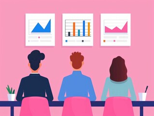Poster - A dynamic office scene showcasing a diverse team of coworkers collaborating and discussing SEO tactics  with data visualizations and charts presented in a minimalist  pastel colored design