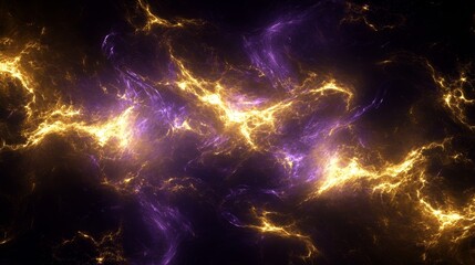 Poster - Purple smoke on a black background with golden particles. Conceptual design and print for magic and enchantment.