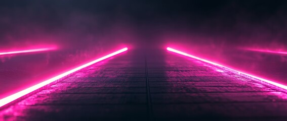 Poster - Design of futuristic neon grid landscape with purple lines and geometric domes. Retro-futurism style.
