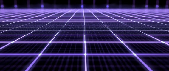 A neon purple grid landscape with flowing light waves. Gaming and technological environment concept.