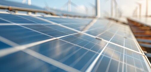 Close-up of solar panels with wind turbines in the background, showcasing renewable energy sources and sustainable technology.