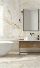 Modern bathroom interior with a sleek bathtub, wooden vanity, and marble walls, featuring hanging lights and a framed mirror.