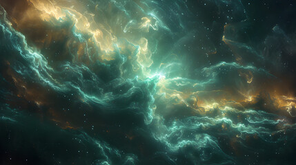 Wall Mural - A swirling nebula featuring bright, glowing hues of green and blue, with wispy, smoky tendrils stretching across the canvas, evoking the boundless nature of the cosmos 