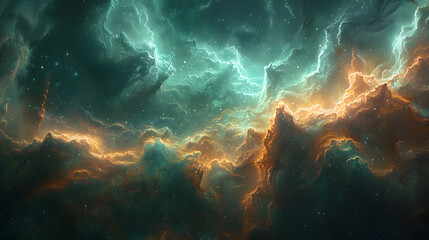 Wall Mural - A swirling nebula featuring bright, glowing hues of green and blue, with wispy, smoky tendrils stretching across the canvas, evoking the boundless nature of the cosmos 