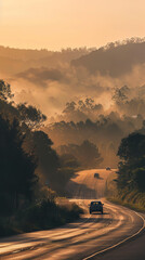 Wall Mural - Serene Early Morning Traffic on Rural Road at Sunrise  