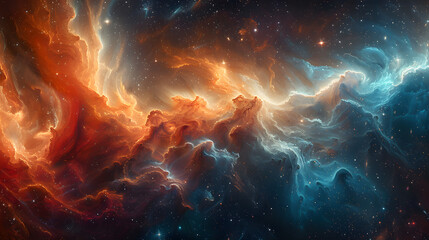 Wall Mural - A rich cosmic nebula in shades of red, blue, and white, with intricate patterns and textures that mimic the natural formations of interstellar clouds 