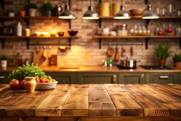 Wall Mural - Warm and cozy kitchen ambiance with blurred wall and shelf background featuring natural wooden table texture, perfect for food, still life, or interior design settings.