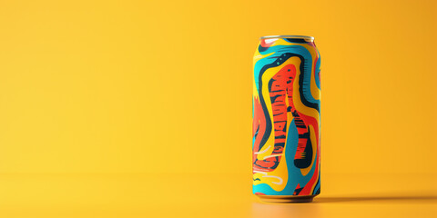 Closed can of energy drink featuring bold branding and a colorful design, placed on a plain background