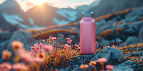 Wall Mural - Pink thermal water bottle for outdoor travel. Eco-bottle on the background of mountains. Zero waste..