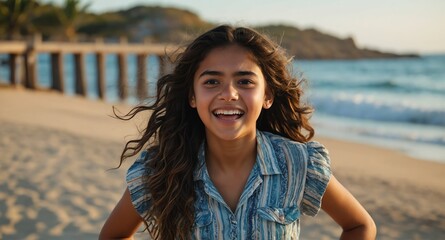 Poster - hispanic cute teen girl beach summer background looking happy amazed surpised wow shocked expression with copy space