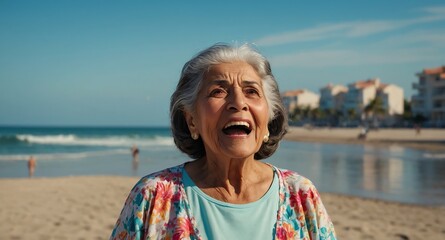 Poster - hispanic elderly woman beach summer background looking happy amazed surpised wow shocked expression with copy space