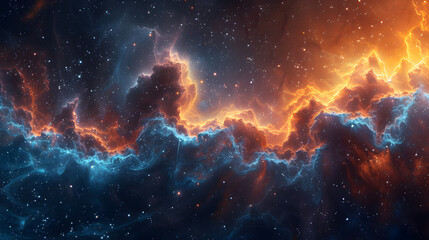 Wall Mural - A cosmic nebula featuring a palette of cool blues and warm oranges, with swirling patterns and smoky textures, symbolizing the infinite and ever-changing nature of the universe 