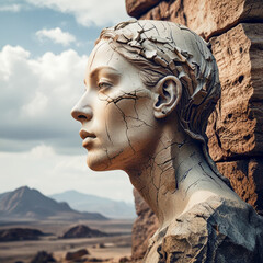 Cracked stone woman sculpture looking away from rocky mountain background