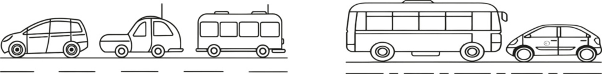 Poster - Set of continuous line drawings depicting public and personal transport. Includes trolleybus, shuttle bus, auto, crossover, four-by-four.