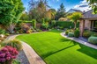 © DigitalArt Max - Lush green garden surroundings provide a serene backdrop for a newly installed high-quality artificial turf, featuring vibrant grass blades and a natural looking landscape.