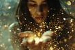 © Araguatai - Foto de mujer con manos destellando. magia. Generado con IA.