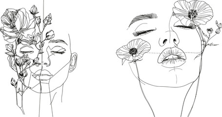 Aufkleber - A woman with flowers on a poster. An art drawing of a flower face woman. Flower Face Woman Modern Illustration.