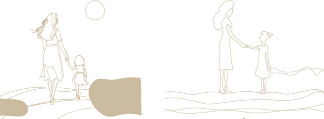 Poster - Black linear sketch of two generations of women. Mom and daughter holding hands spinning around. Mother and daughter holding hands spinning around.