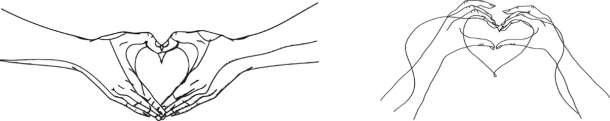 Poster - Isolated on white background, one line drawing of hands holding hearts. Man's hand receives a symbol of love from another person's hand. Modern design illustration.