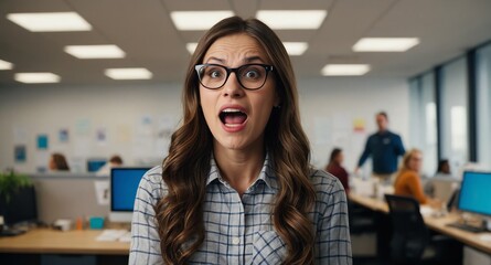 Poster - nerd beautiful woman office background looking happy amazed surpised wow shocked expression with copy space