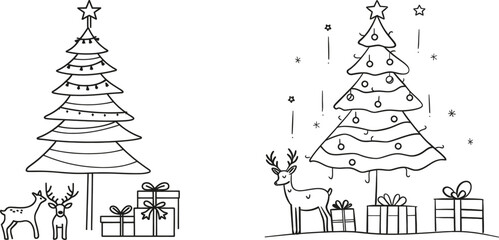 Poster - Reindeer with gift box Christmas party in winter season. Merry Christmas banner, minimalist style isolated on white background.