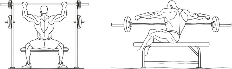 Poster - A single continuous line drawing showing a young sporty man lifting a barbell on bench press in a sport gym club center. The fitness stretching concept is in the background. A trendy one-line drawing