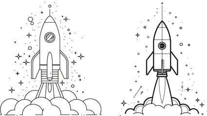 Aufkleber - Rocket launch fly into the sky universe. Retro spacecraft rocketship concept. Trendy one line draw design.