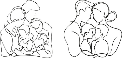 Poster - Drawing of a group of people in continuous one-line form, in different ages. Family portrait and friends in hand-drawn characters. Minimalist contour illustration.