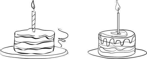 Fototapete - Drawing style of continuous line art with candle on top of traditional birthday cake. White background with black lines.